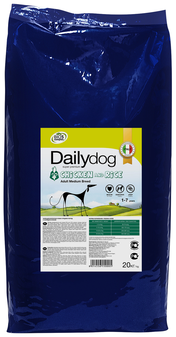 Kuivtoit koertele Dailydog Adult Medium Breed, keskmise tõuga, kana ja riis, 20 kg