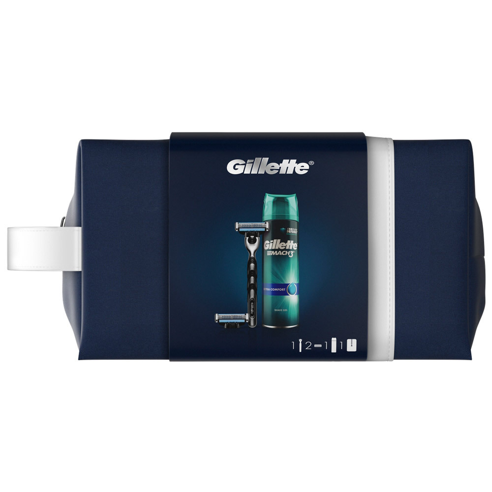 Dovanų rinkinys „Gillette Mach3“ skustuvas su 2 pakaitinėmis kasetėmis + skutimosi gelis „Extracomfort 0.2L“ + kelioninis dėklas