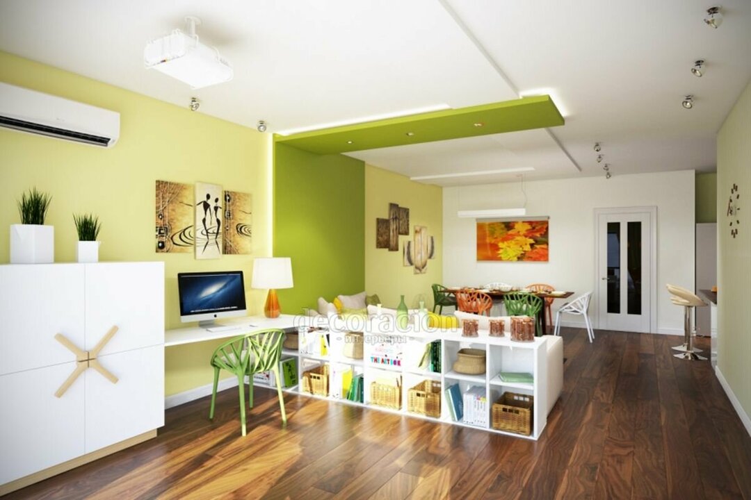 Studijas tipa dzīvokļa zonēšana ar sienu krāsu