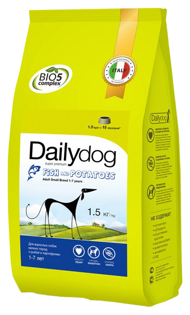 Sausas maistas šunims Dailydog Adult Small Breed, skirtas mažoms veislėms, žuvims ir bulvėms, 1,5 kg