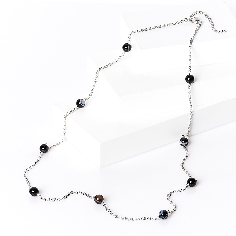 Beads agate black (bij. alloy, steel chir.) (chain) long 8 mm 76 cm (+7 cm)