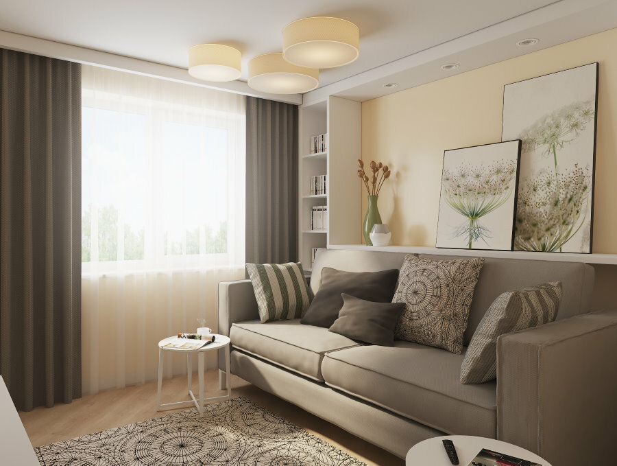 Ljusgrå soffa i beige vardagsrum