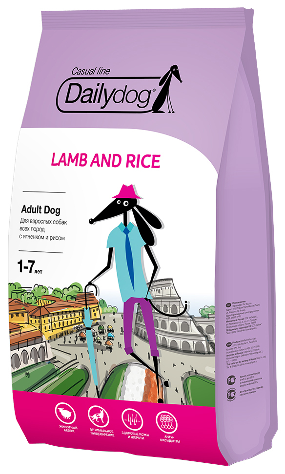 Suché krmivo pro psy Dailydog Casual Line pro dospělé, jehněčí a rýže, 3 kg