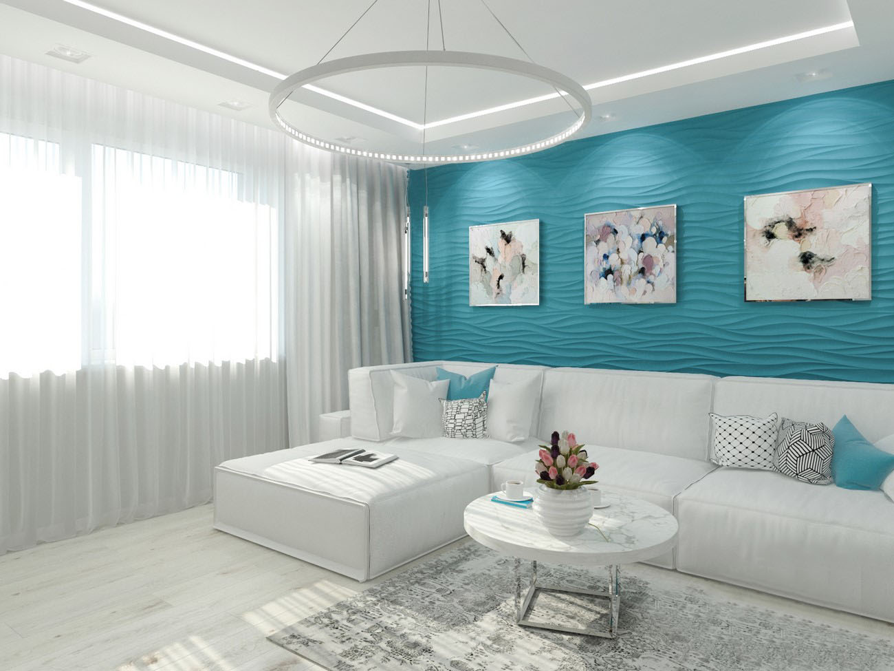 obývacia izba kombinácia bielej a azúrovej farby