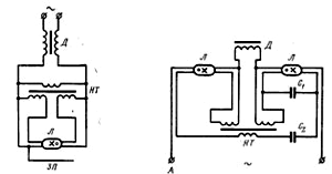 Skemaer til startløs tænding af en og to lysstofrør: L - lysstofrør, D - choker, NT - glødelampetransformator