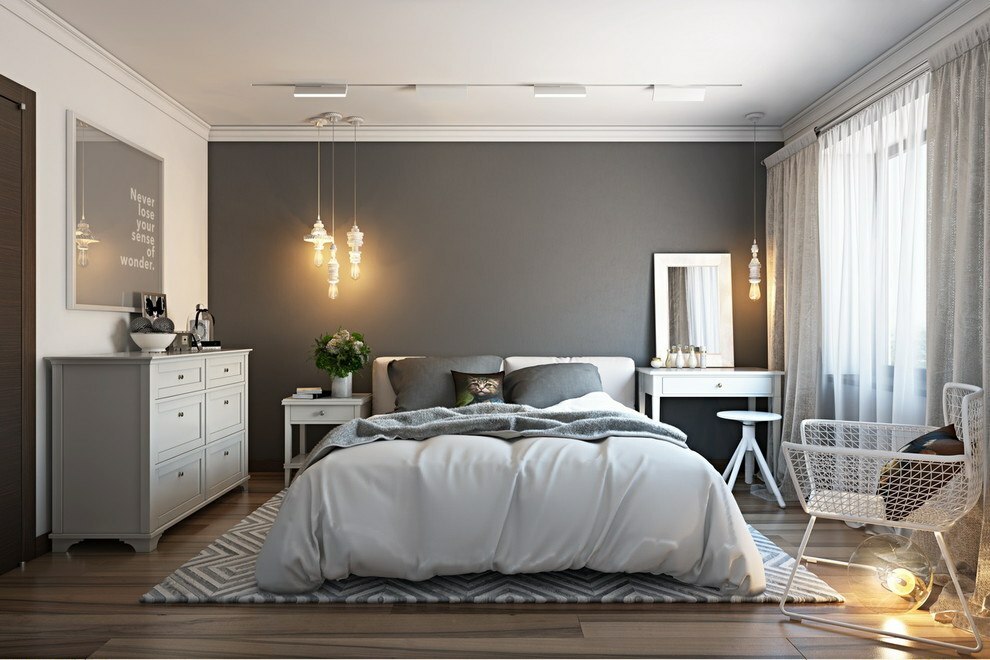Interiör i ett grått sovrum i modern stil