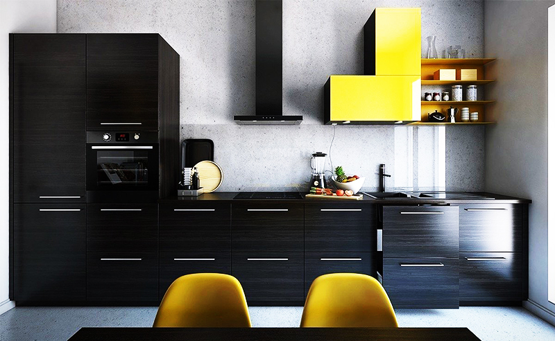 Ekstravagant og stilig alternativ - en kombinasjon av gult og svart. Din oppgave er å velge de mest passende interiørdetaljene slik at de gule tingene bare utfyller det svarte headsettet, uten å forstyrre det. Den gule fargen passer godt inn i interiøret i jugendstil.