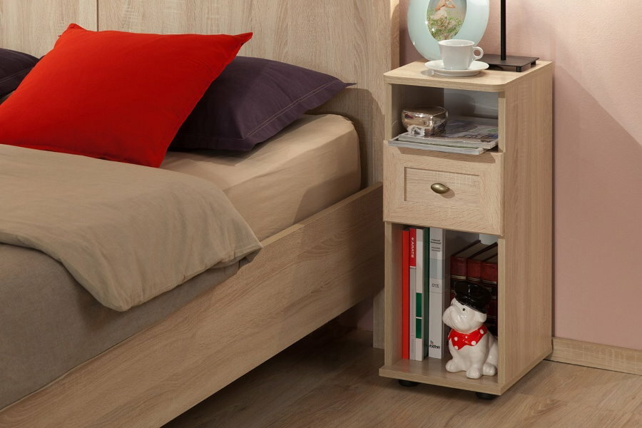 Narrow bedside table made of laminated chipboard