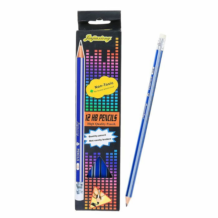 Schwarzer Bleistift mit HB-Radiergummi, dreieckiger, angespitzter blauer Körper mit weißen Streifen