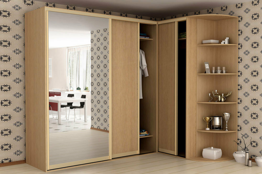 L-shaped wardrobe with a large mirror