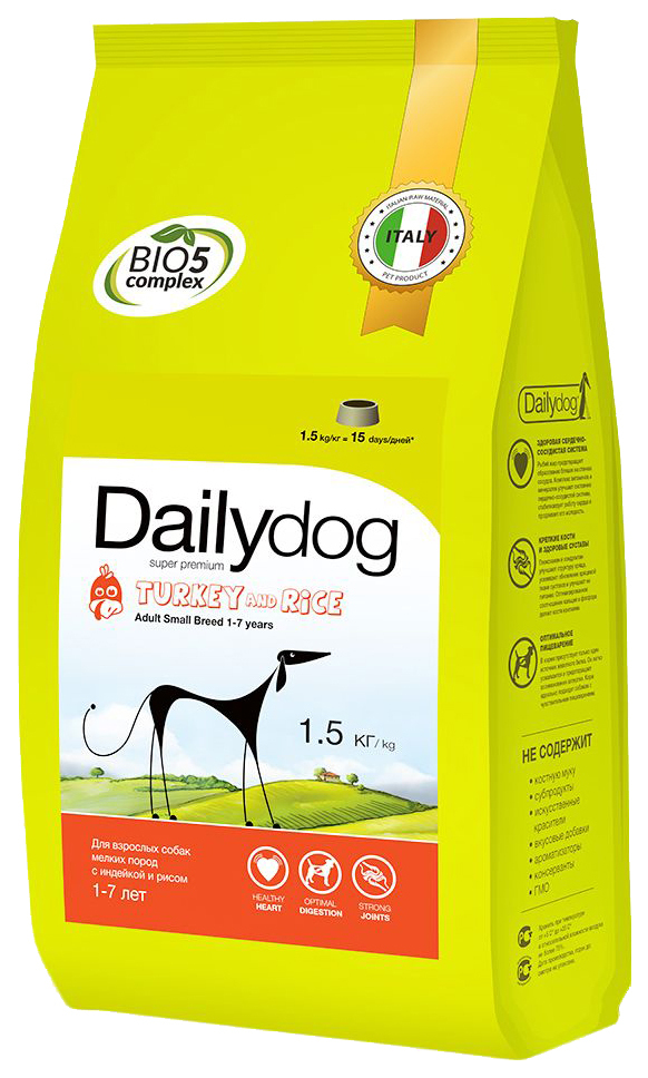 Tørfoder til hunde Dailydog Adult Small Breed, til små racer, kalkun og ris, 1,5 kg