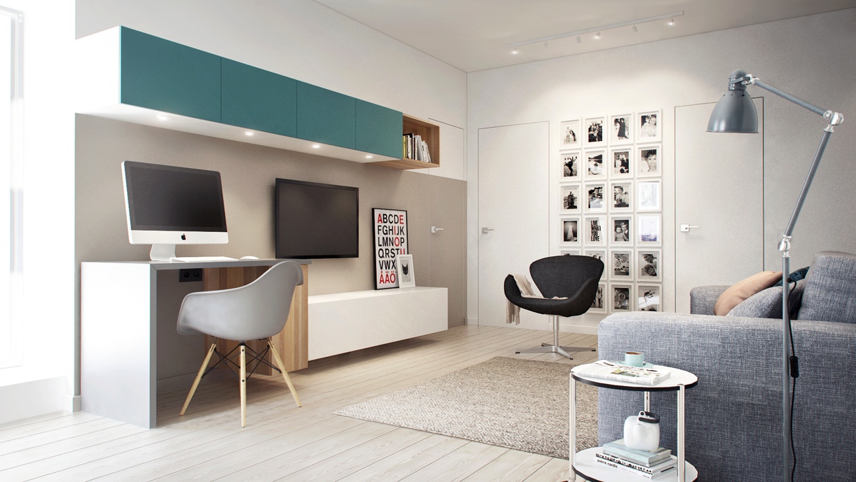 Salon avec table d'ordinateur: options de design pour un style intérieur moderne