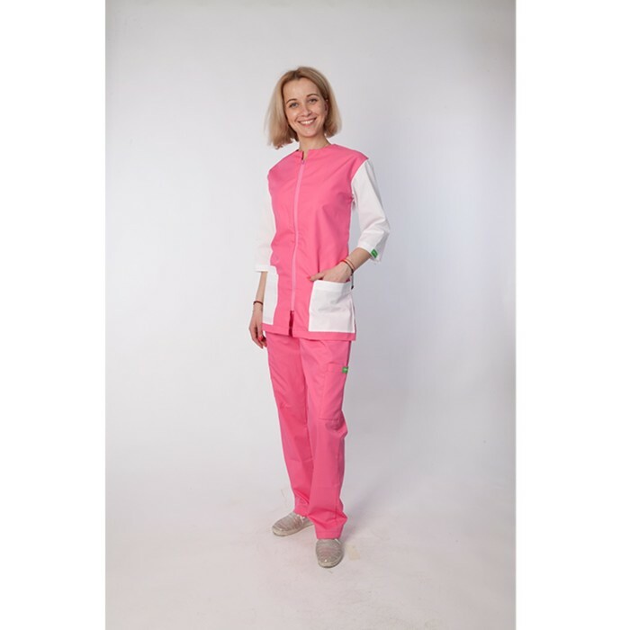 Bluse til dyrlæger ENZO LUNAS med lynlås med 3/4 ærmer, størrelse XXL, hvid-pink