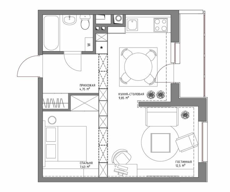 Plan over en etværelses lejlighed med et areal på 44 kvadratmeter