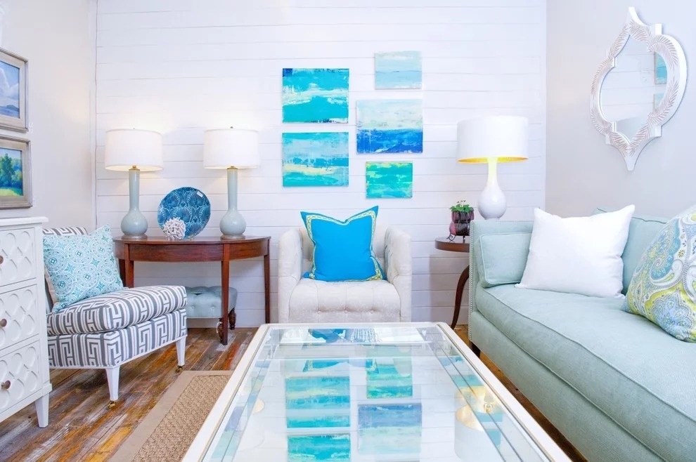 idejas ar baltu zilu dzīvojamo istabu