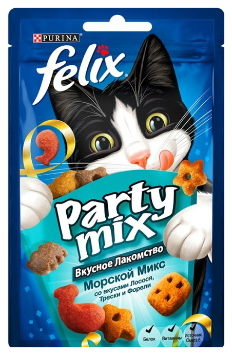 Treat, dry food for kittens, for cats Felix Party Mix, salmon, cod, trout, 0.04kg
