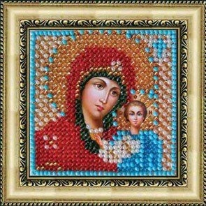 Tekening op stof Borduurmozaïekkunst. 4011 Icoon van de Moeder Gods van Kazan 6.5x6.5 cm