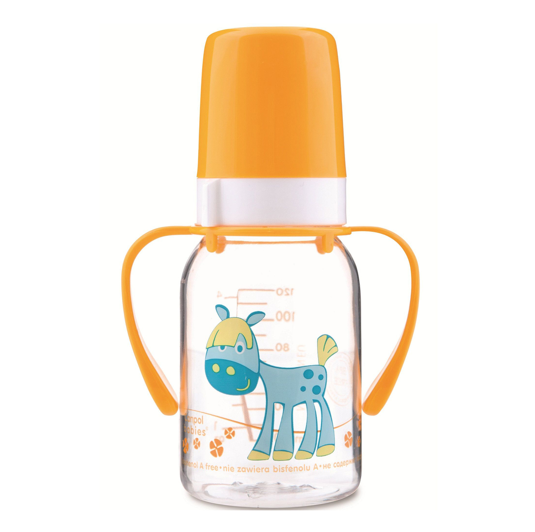 Tritani pudel (BPA 0%) käepidemetega Canpol Rõõmsad loomad silikoonist luttiga, 120 ml., 3+ kuud, 11/823 prz, hobune