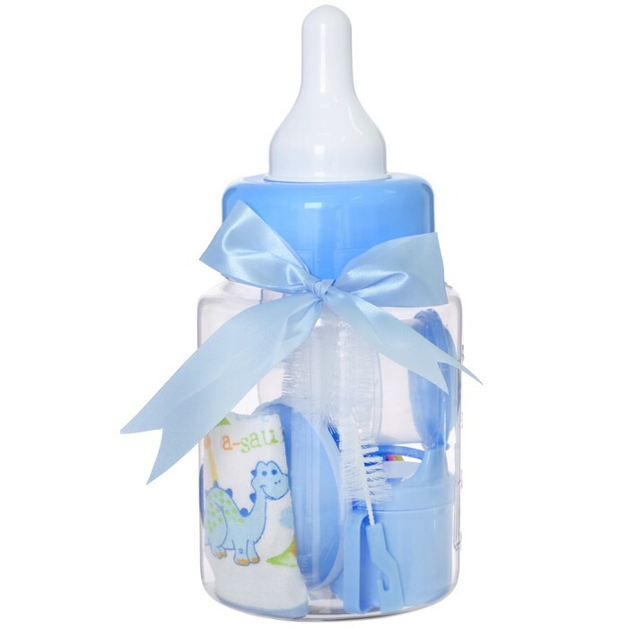  Set für Kinder " Das erste Geschenk für ein Baby", 10 Teile: eine Flasche zum Füttern 250 ml, ein Trinkbecher, Bürsten, Geschirr, ein Lätzchen, eine Rassel, blau