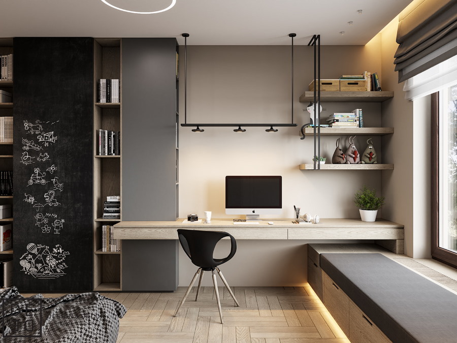 Kambario interjeras paaugliui minimalizmo stiliumi