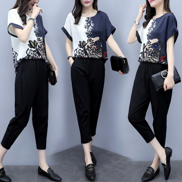New women's season large size two-piece pants chiffon short-sleeved shirt cropped trousers casual fashion suit same