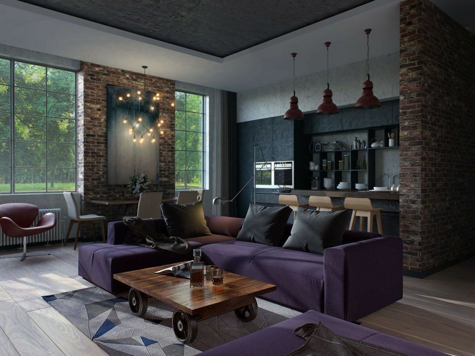 temno vijolična zofa v stanovanju v slogu podstrešja