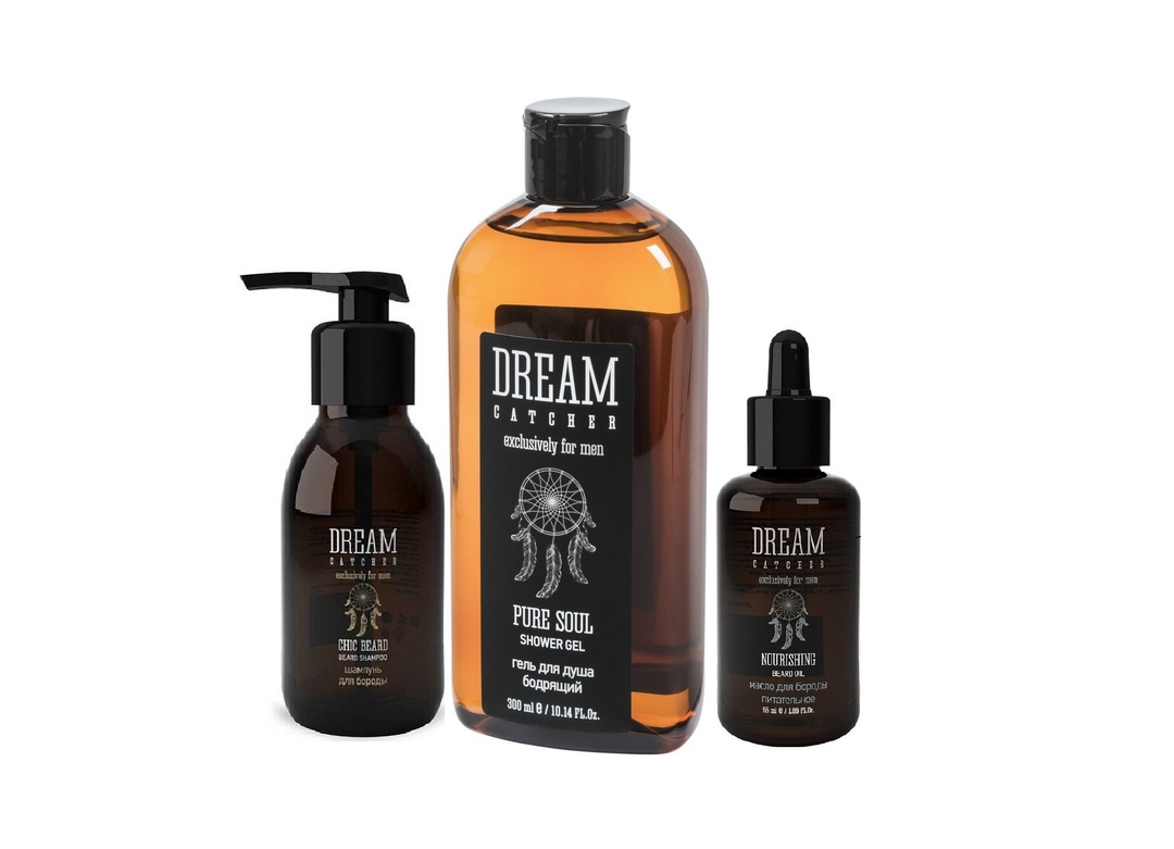 Erkekler için 3 numaralı hediye seti (sakal şampuanı 125 ml, sakal için besleyici yağ 55 ml, duş jeli 300 ml) DREAM CATCHER