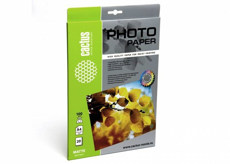Papier fotograficzny Cactus CS-MA410020 A4, 100g/m2, 20L, biały mat do druku atramentowego