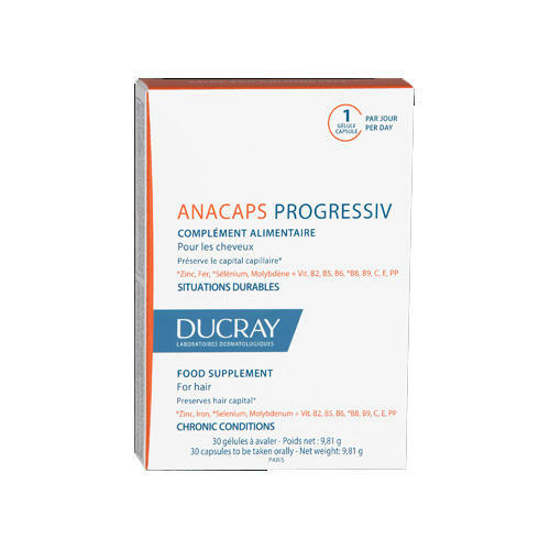 Suplemento dietético Anacaps Progressiv para alimentos para cabelos e couro cabeludo, No. 30 (Ducray, suplemento dietético)