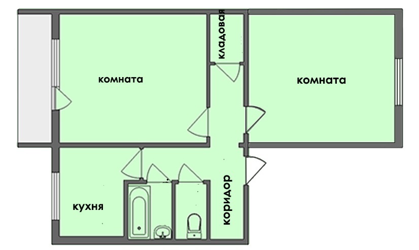 Układ dwupokojowego mieszkania-breżniewka o powierzchni 70 m2