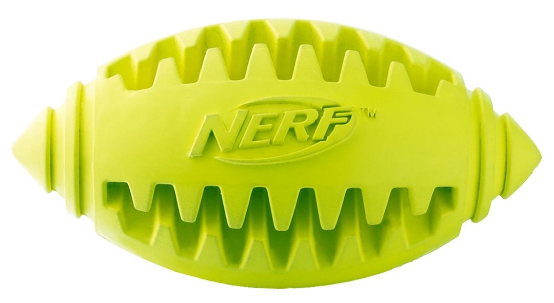 Bola de rúgbi de brinquedo Nerf com ranhuras para cães (10 cm, azul amarelo)