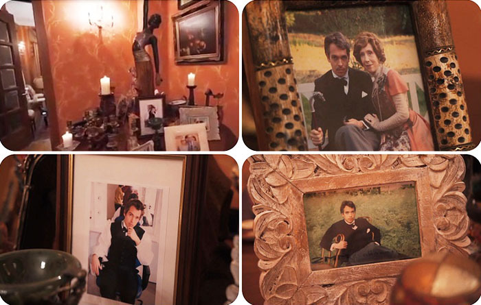 Die Wände des Wohnzimmers sind mit Gemälden in klassischen Baguetterahmen dekoriert, die Tischplatten mit Fotografien eines in England lebenden Sohnes.