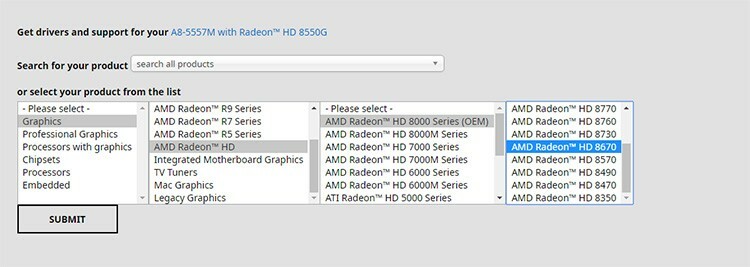 Stiahnutie ovládačov z oficiálnej webovej stránky AMD je veľmi jednoduché