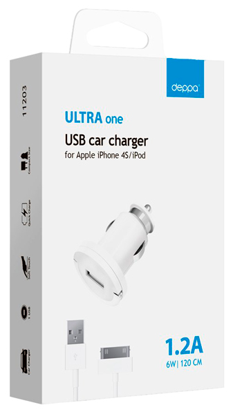 Car charger Deppa (11208) USB 1200mA + Lightning cable 150 cm (White)