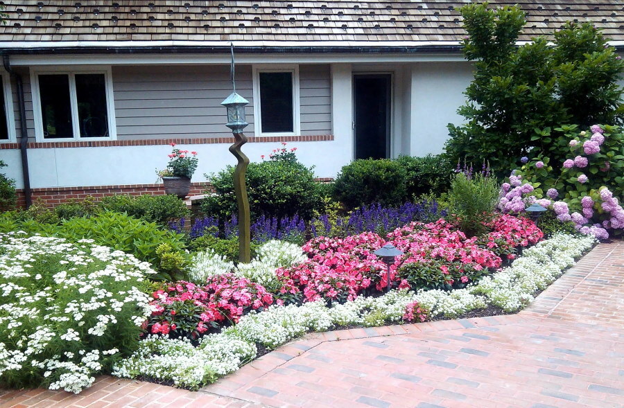 Parterre de fleurs asymétrique devant l'entrée de la maison