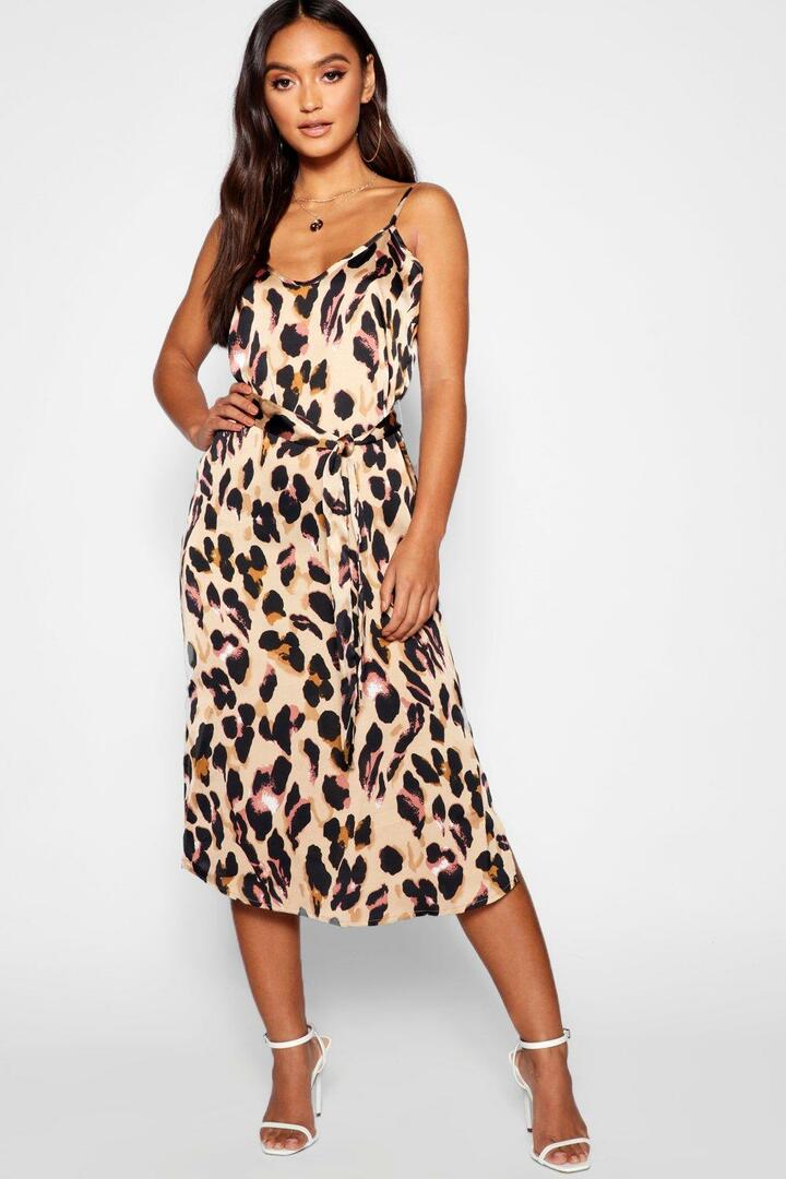 - midi šaty s trakmi s leopardím vzorom