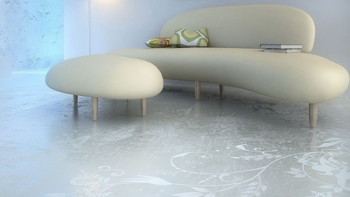 Design-huonekalut polymeerisellä lattialla olohuoneessa