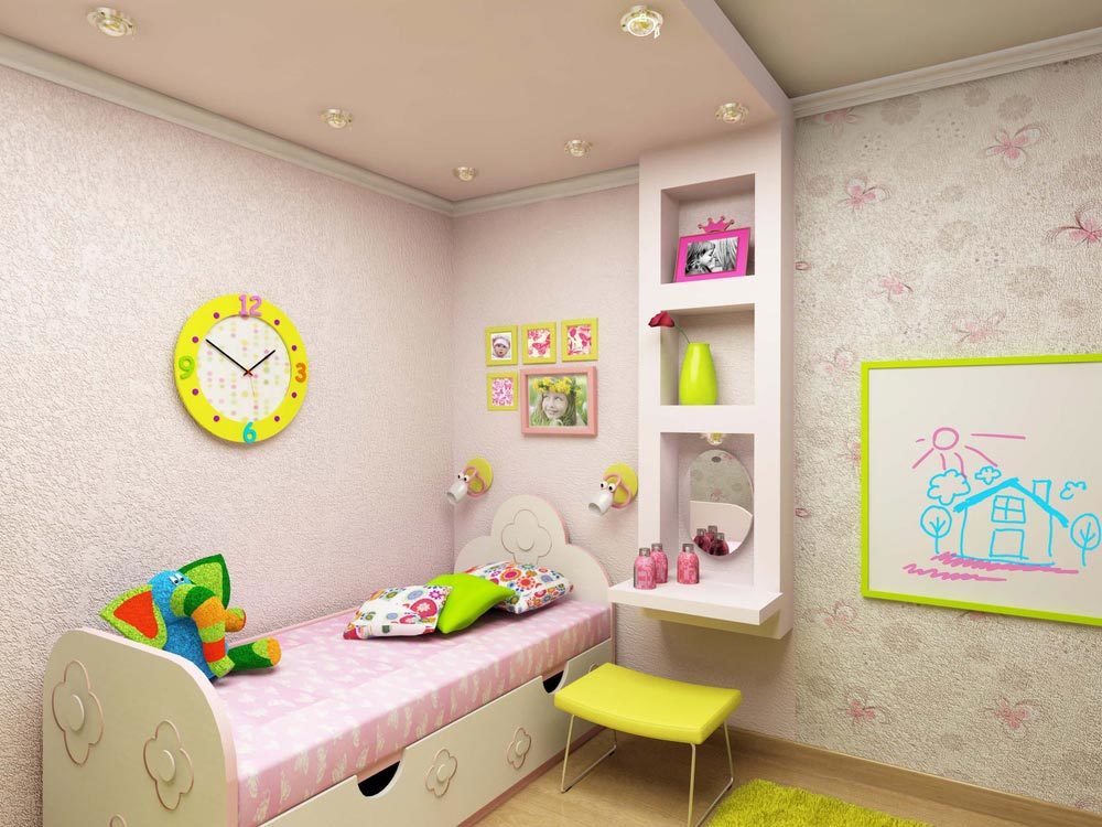 As prateleiras no quarto das crianças: estantes, de parede e outros tipos de fotos do interior