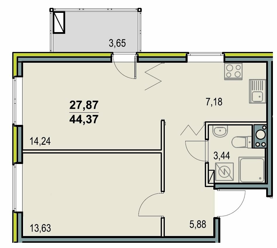 Plan over en toværelses lejlighed med kombineret badeværelse