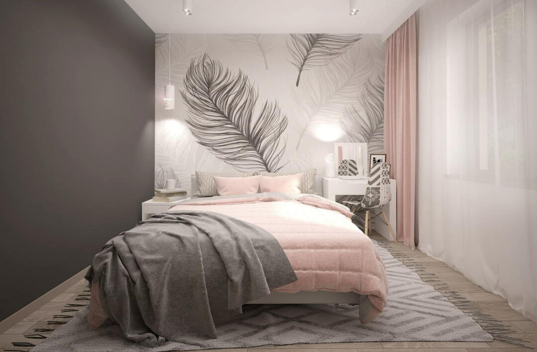 Harmaa-vaaleanpunainen makuuhuone: verhojen väri, valokuvia esimerkkeistä huonesuunnittelusta