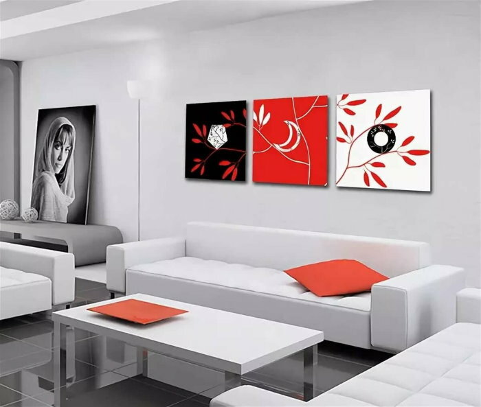 Modular paintings in the interior of the living room