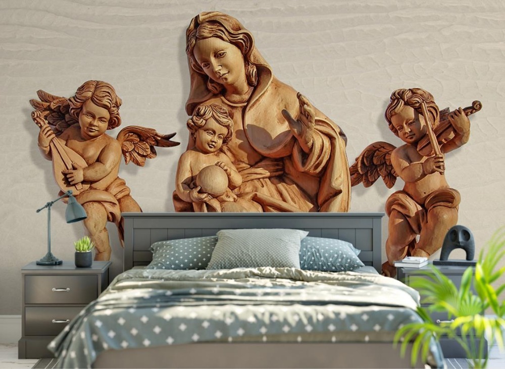 Papel pintado con los ángeles por encima de la cabecera de la cama para un adolescente