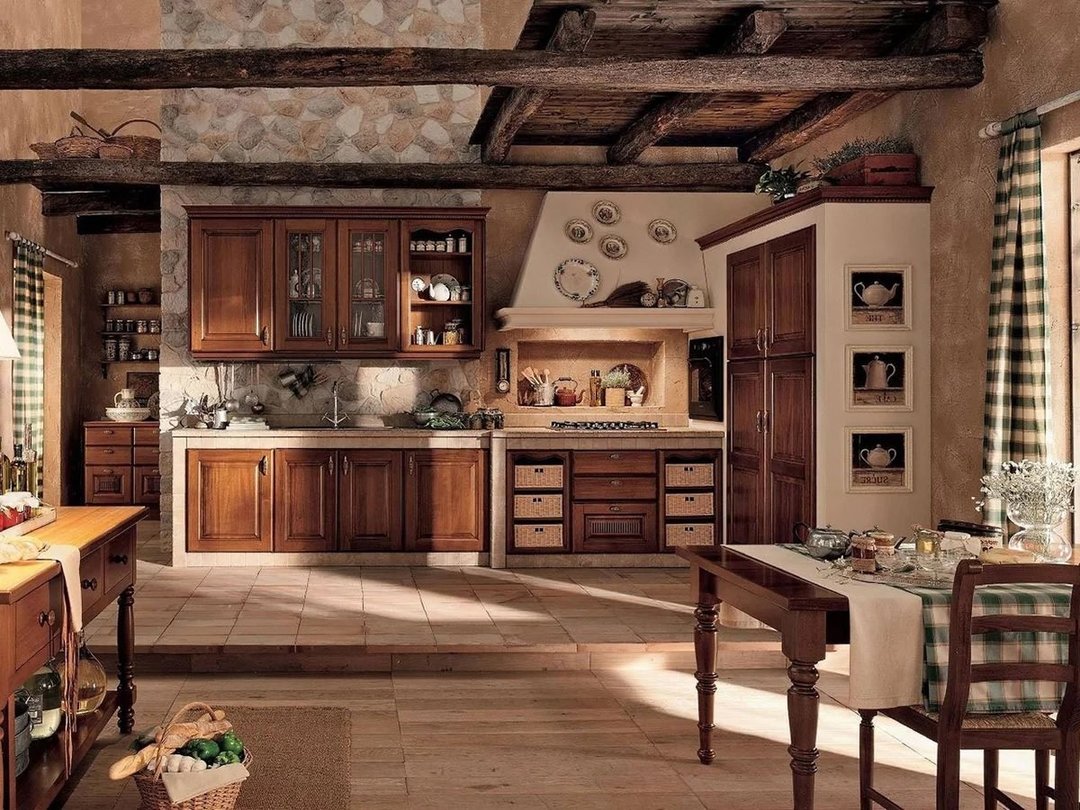 Wooden furniture in the dining area of ​​the kitchen in country style