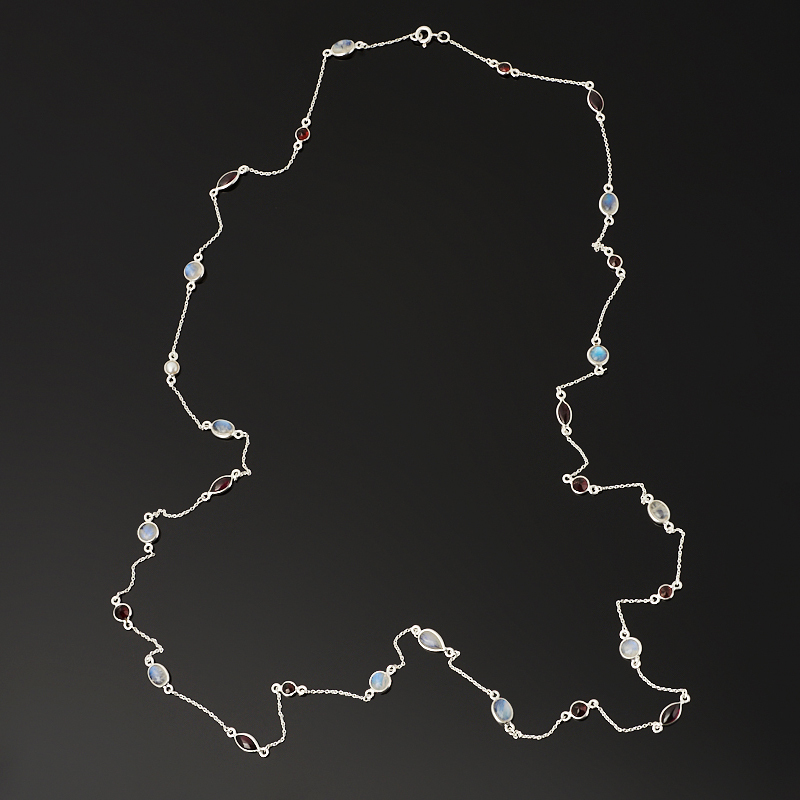Perline mix granato, perla, pietra di luna (argento 925 pr.) (Catena) lunga 92 cm