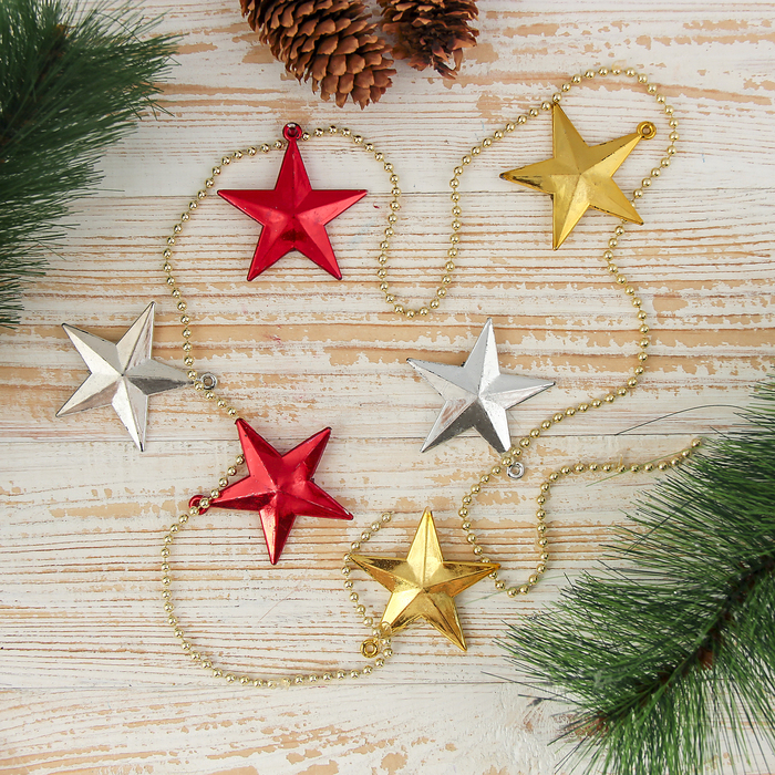 Perles sur un arbre de Noël étoiles 100 cm, rouge, argent, or
