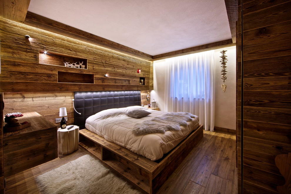 diseño de dormitorio con molduras de madera