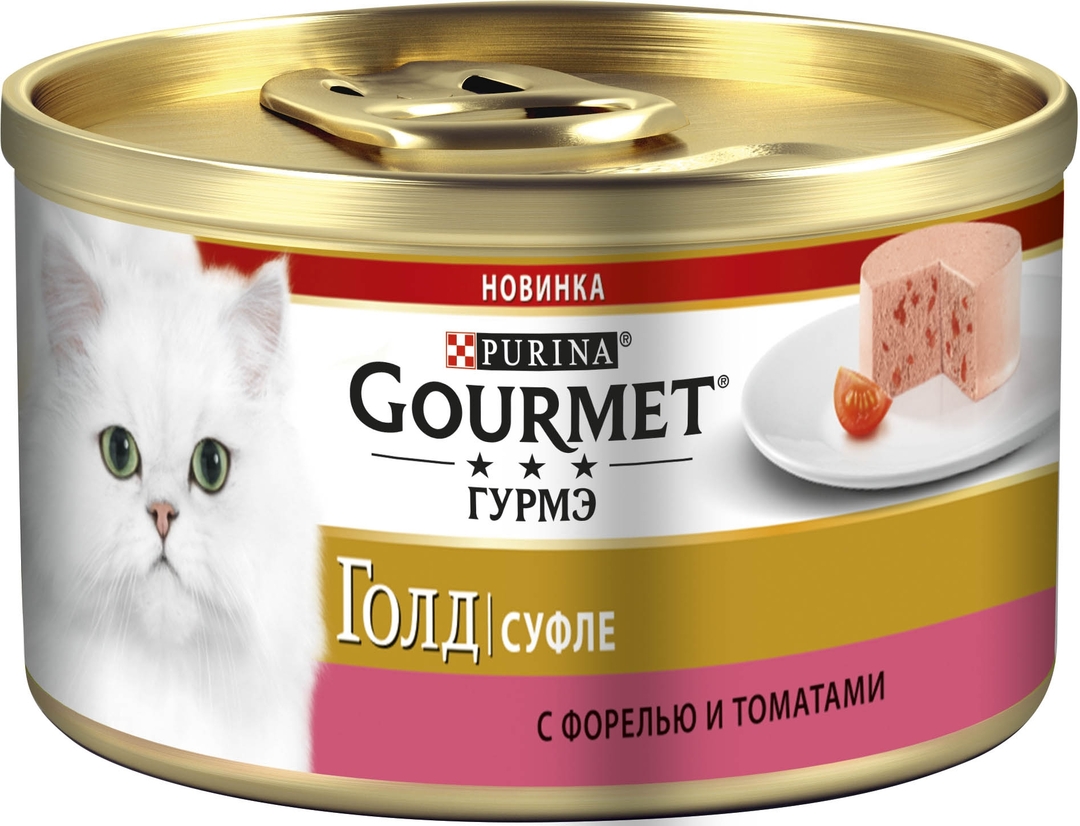 Purina Gourmet Wet Food Gourmet Gold Soufflé til katte med ørreder og tomater, tin, 85 g 12376363