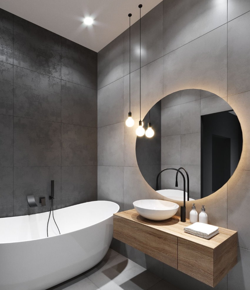 מראה עגולה בחדר אמבטיה קומפקטי בסגנון אר -נובו
