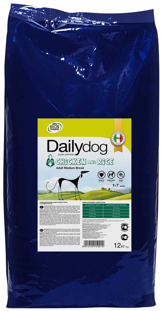 Tørfoder til hunde Dailydog Adult Medium Breed, til mellemstore racer, kylling og ris, 12 kg