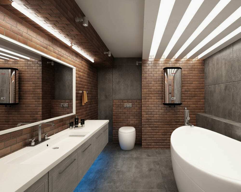Design of a combined bathroom with a brick wall